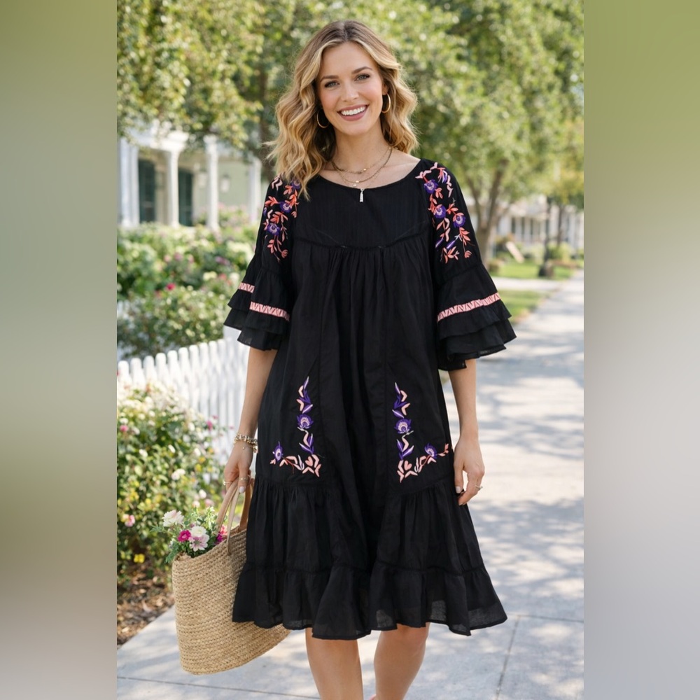 Free People Black Garment with White and Red Accents